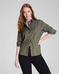 SPANX® Poplin Oversized Button-Up Shirt Dark Pine Multi Stripe