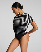 SPANX® Lightweight Cotton Short Sleeve Crewneck Bodysuit | Classic Black/Linen Stripe