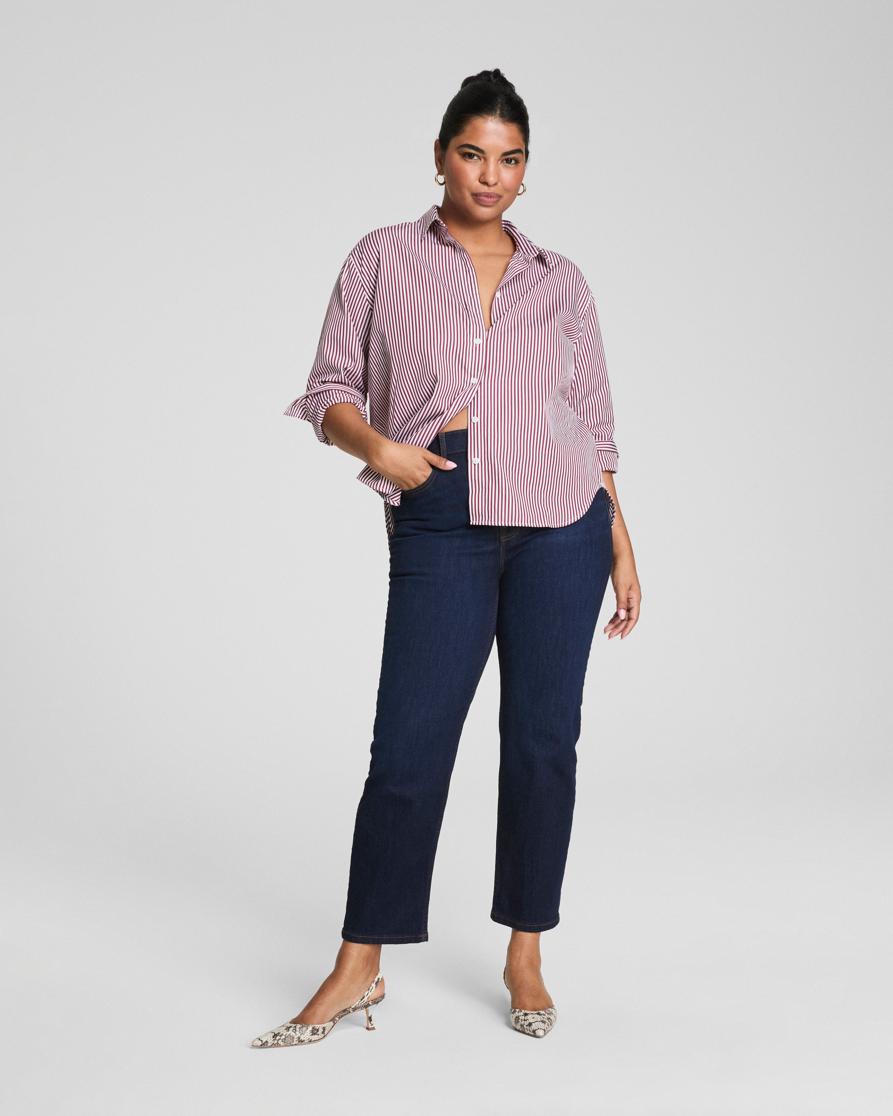 SPANX® Poplin Oversized Button-Up Shirt  Classic White/Red Merlot