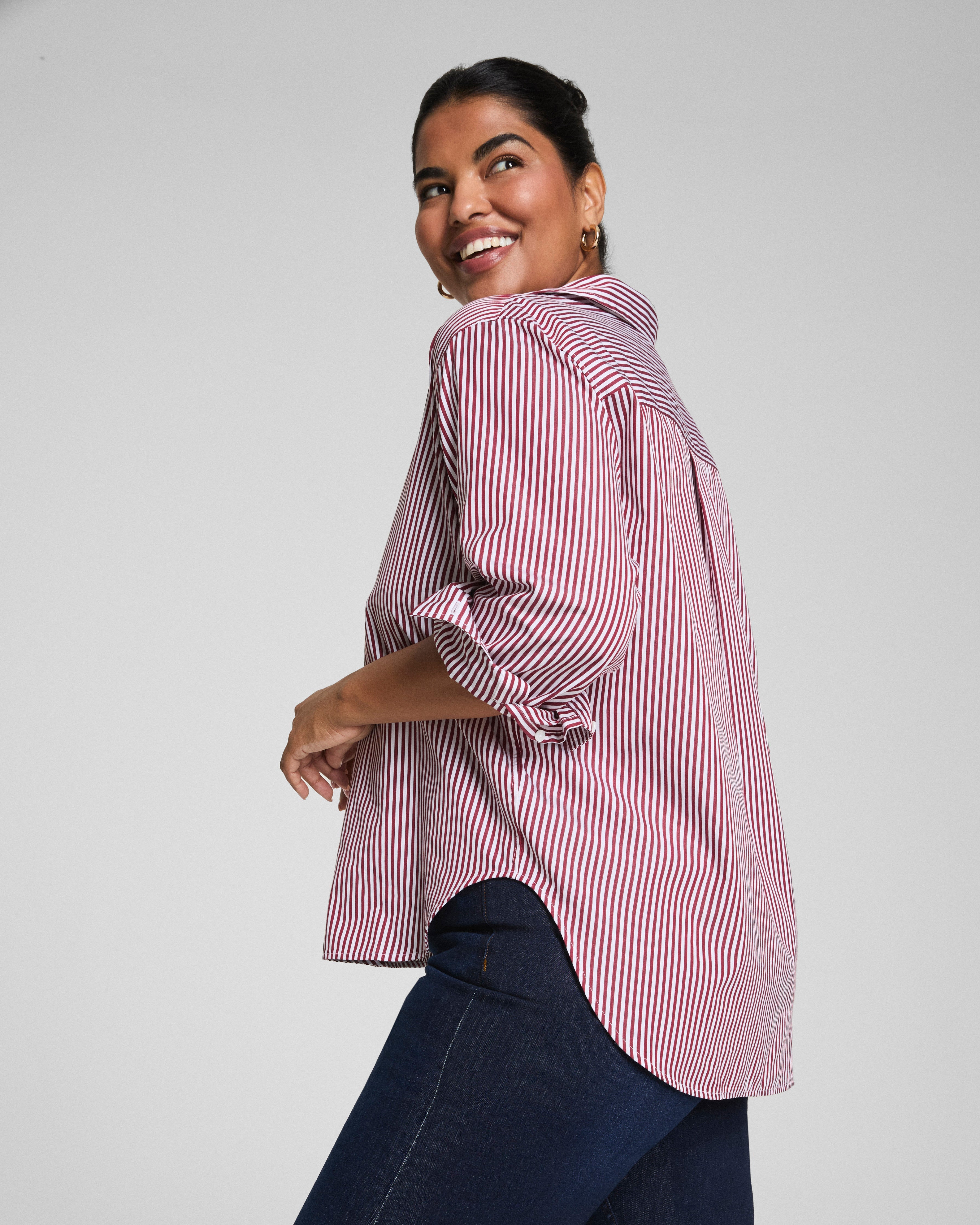 SPANX® Poplin Oversized Button-Up Shirt  Classic White/Red Merlot