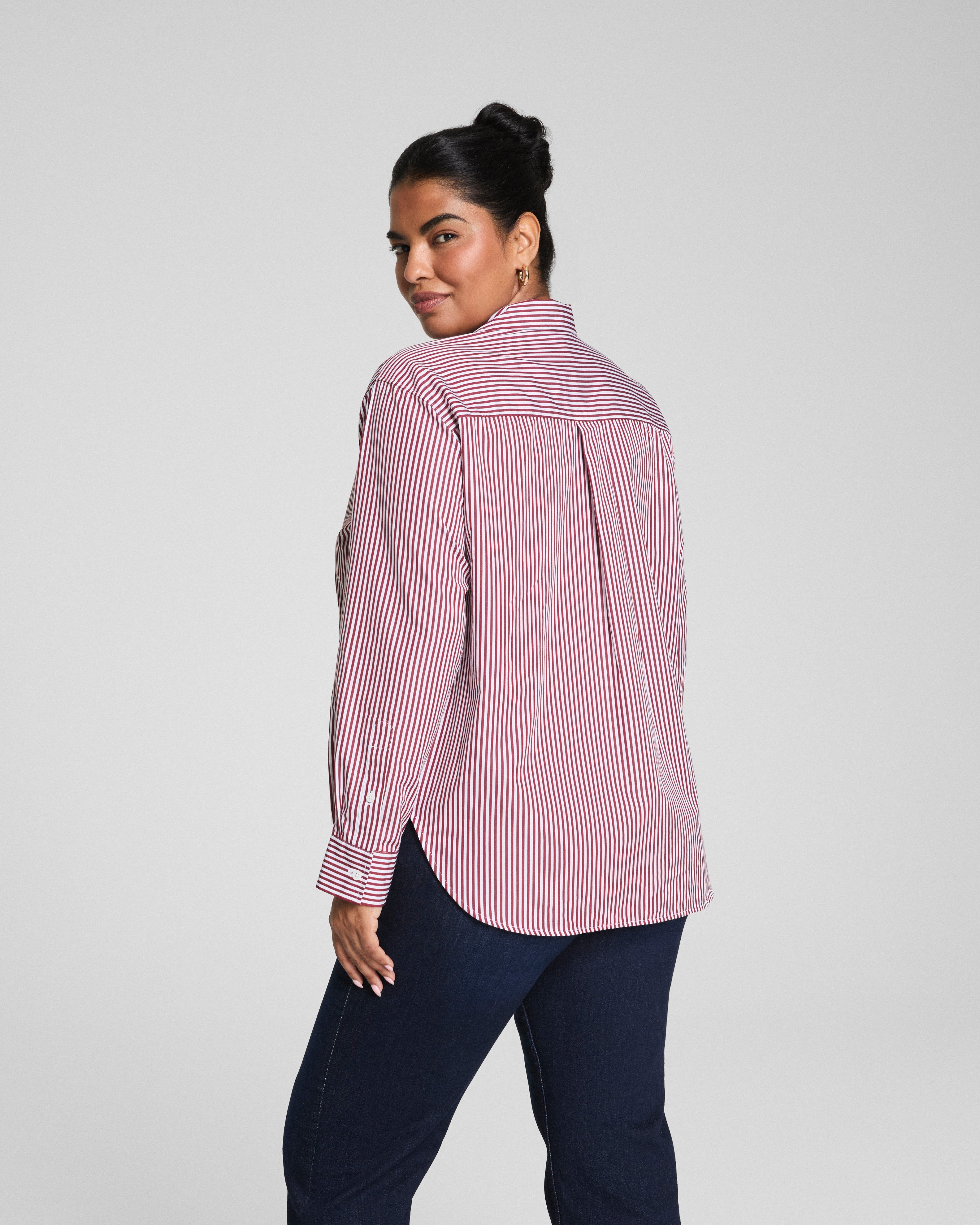 SPANX® Poplin Oversized Button-Up Shirt  Classic White/Red Merlot