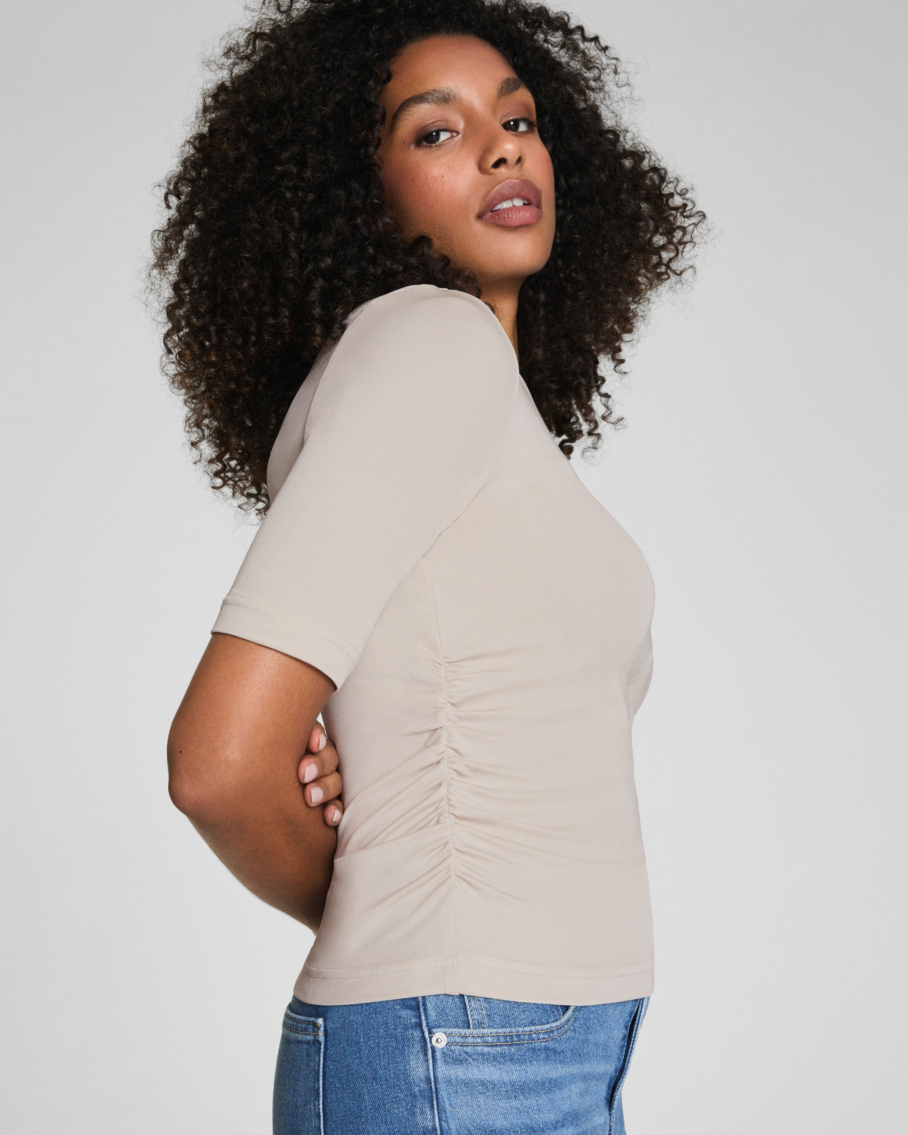 SPANX® Sleek Jersey Elbow Sleeve Ruched Top | Bone