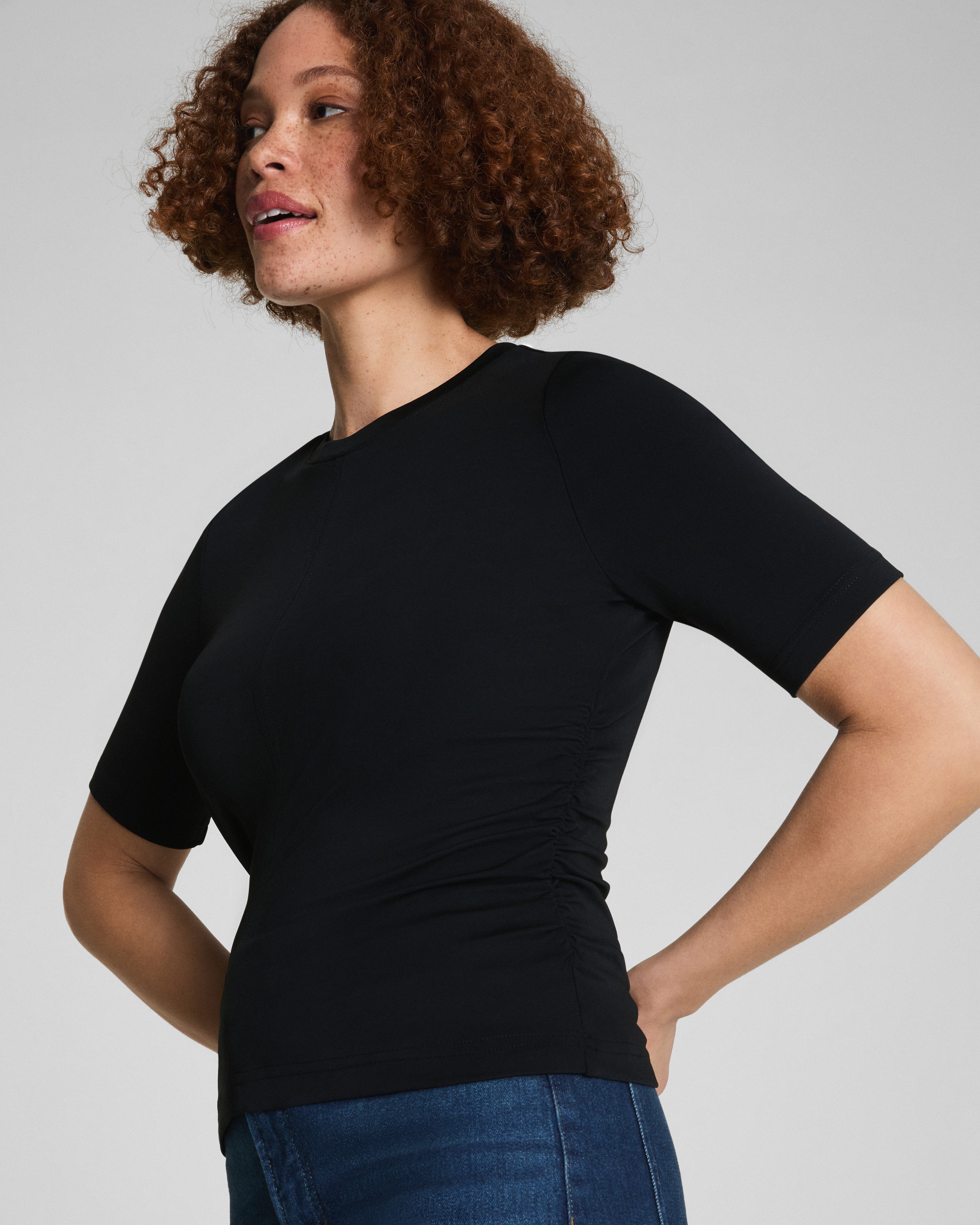 SPANX® Sleek Jersey Elbow Sleeve Ruched Top | Classic Black
