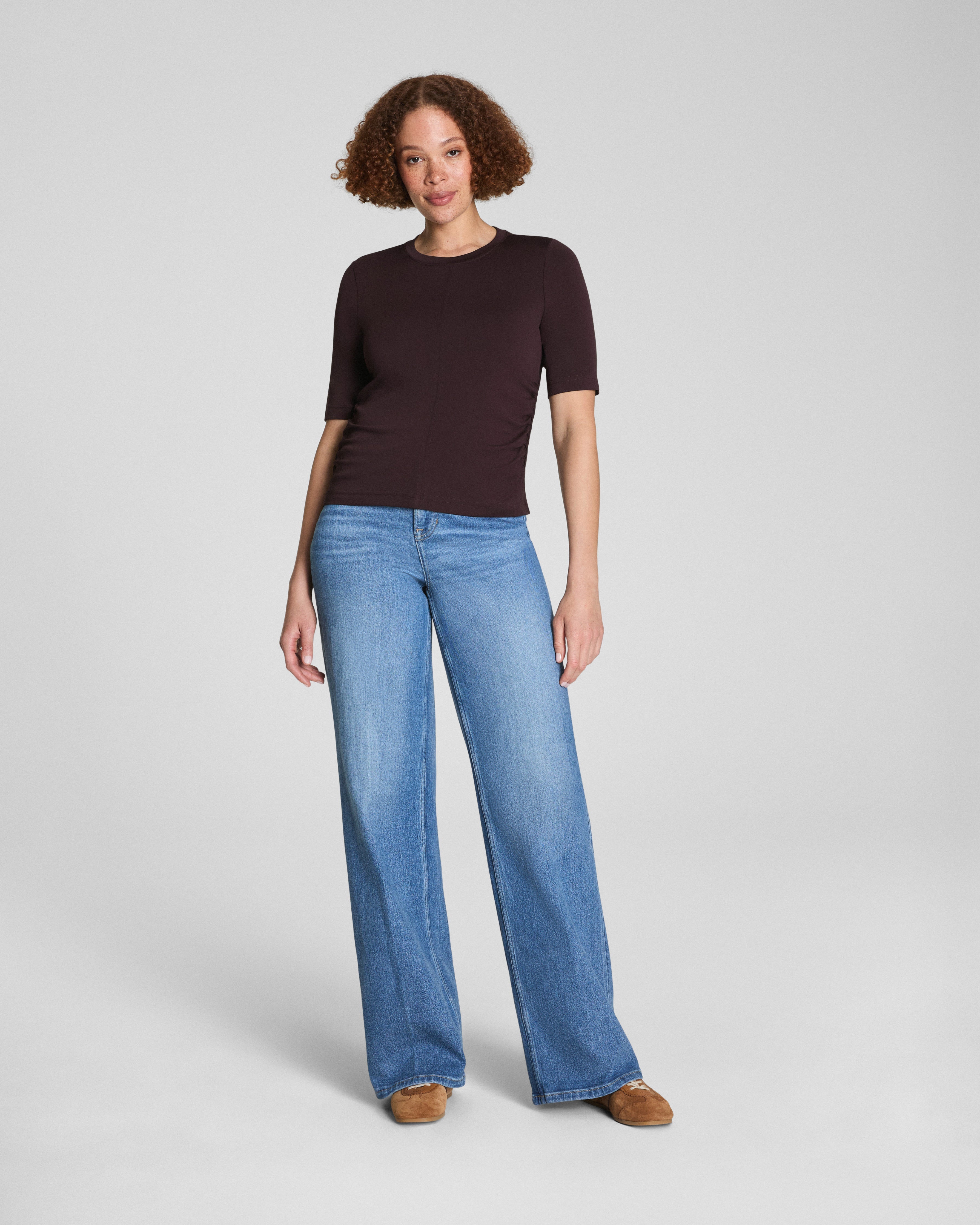 SPANX® Sleek Jersey Elbow Sleeve Ruched Top | Truffle Brown