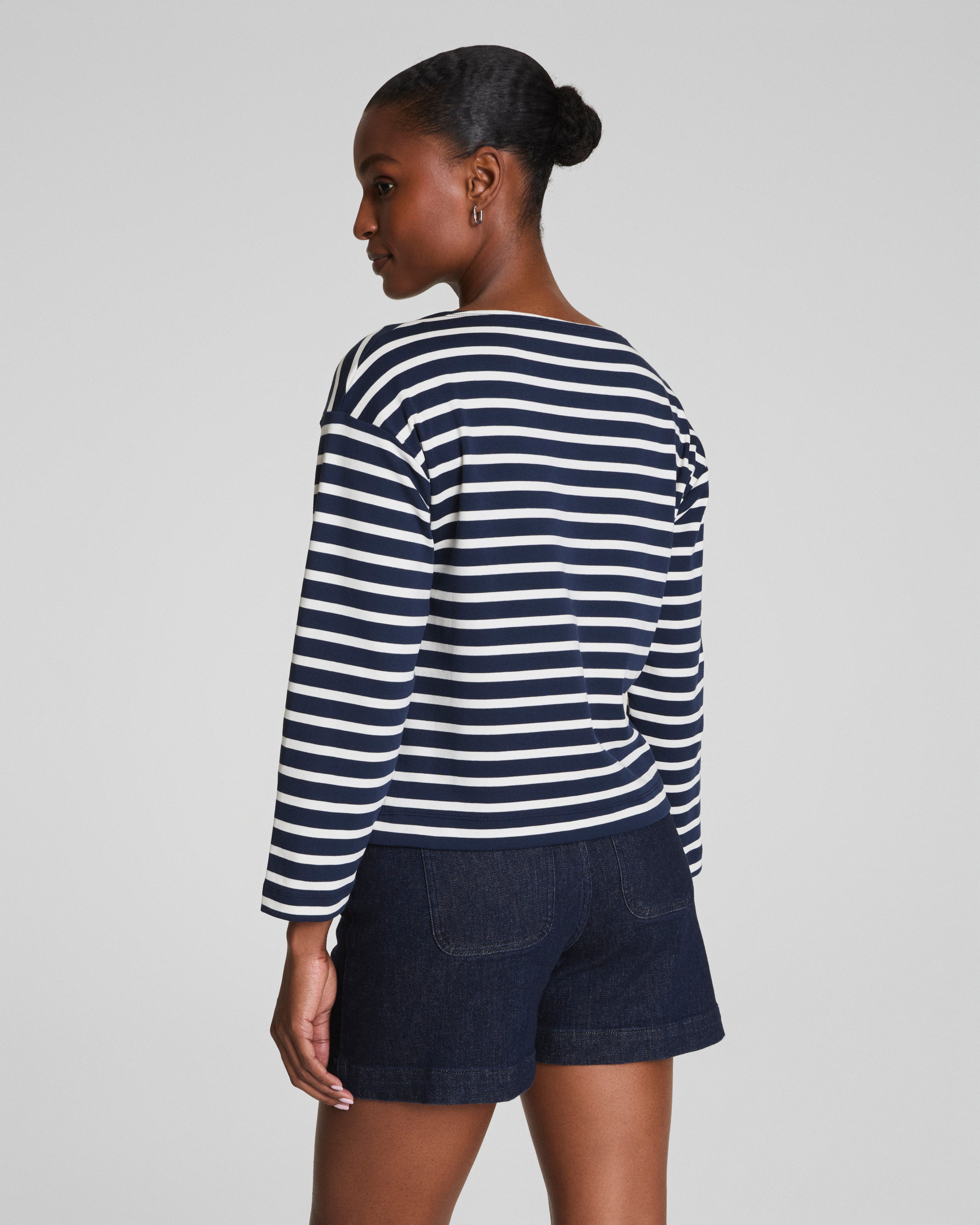 SPANX® Cotton Boatneck Top  Ivory/Timeless Navy