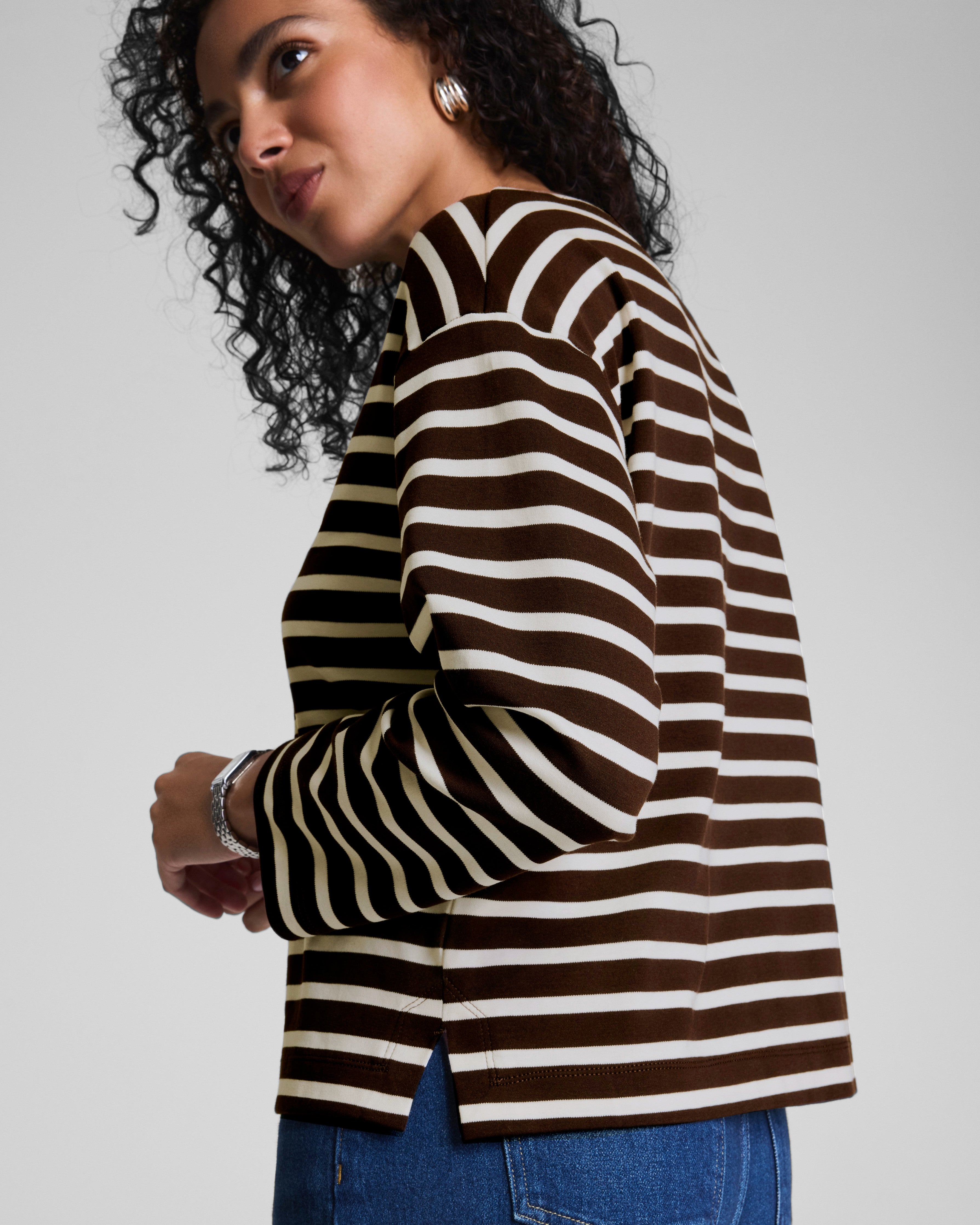 SPANX® Cotton Boatneck Top  Linen/Truffle Brown