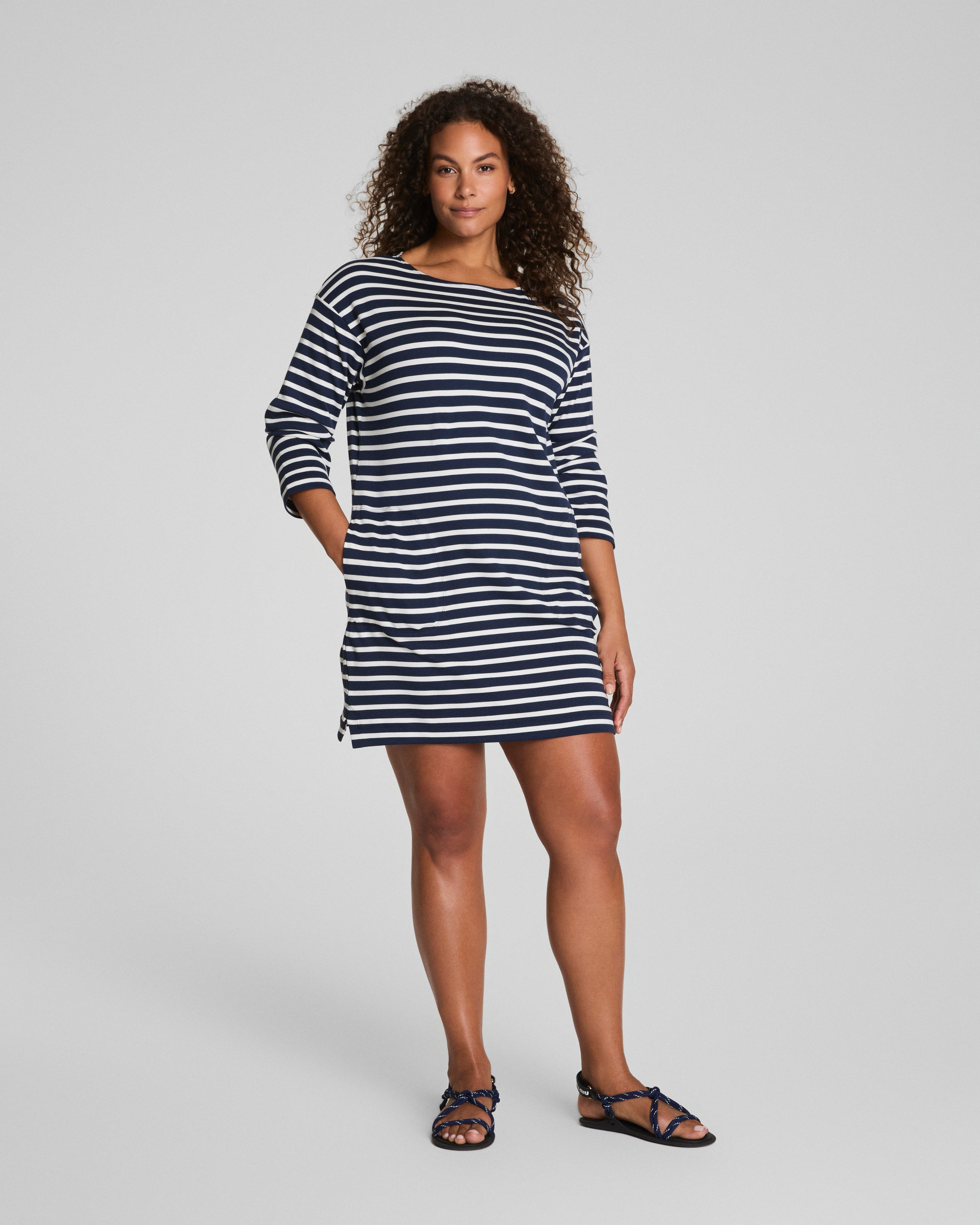 SPANX® Cotton Boatneck Mini Dress  Ivory/Timeless Navy