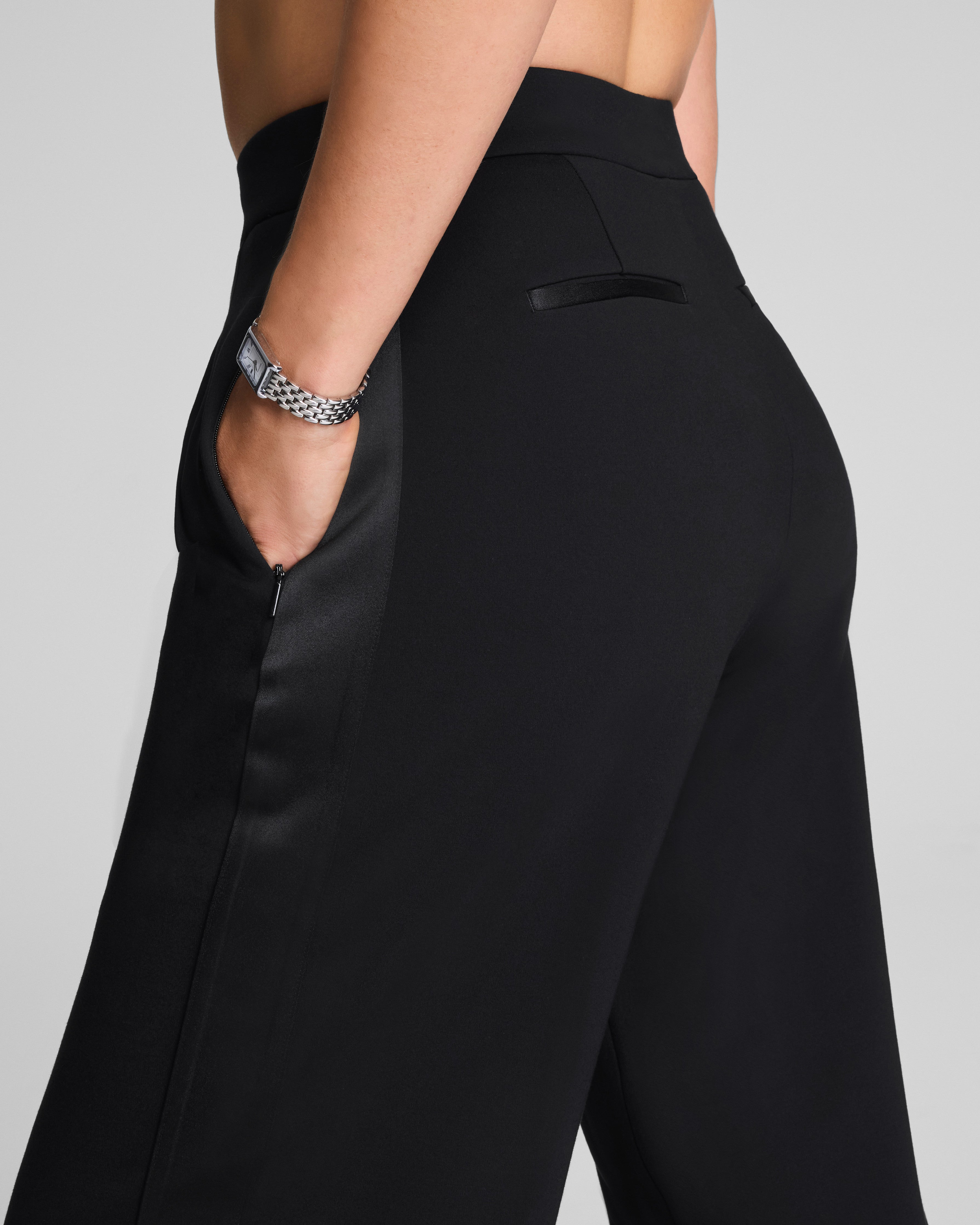 SPANX® Ponte Pleated Barrel Leg Trouser with Tuxedo Stripe | Classic Black