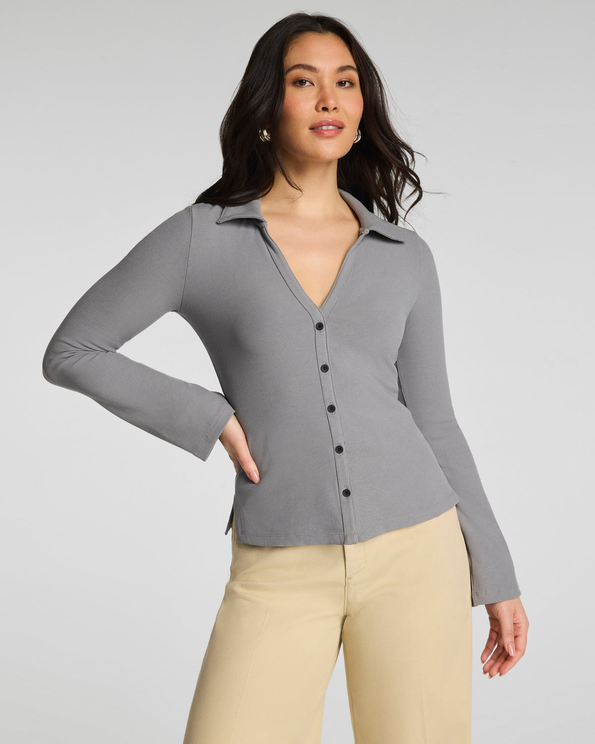 SPANX® Ribbed Knit Button Down | Dove Grey