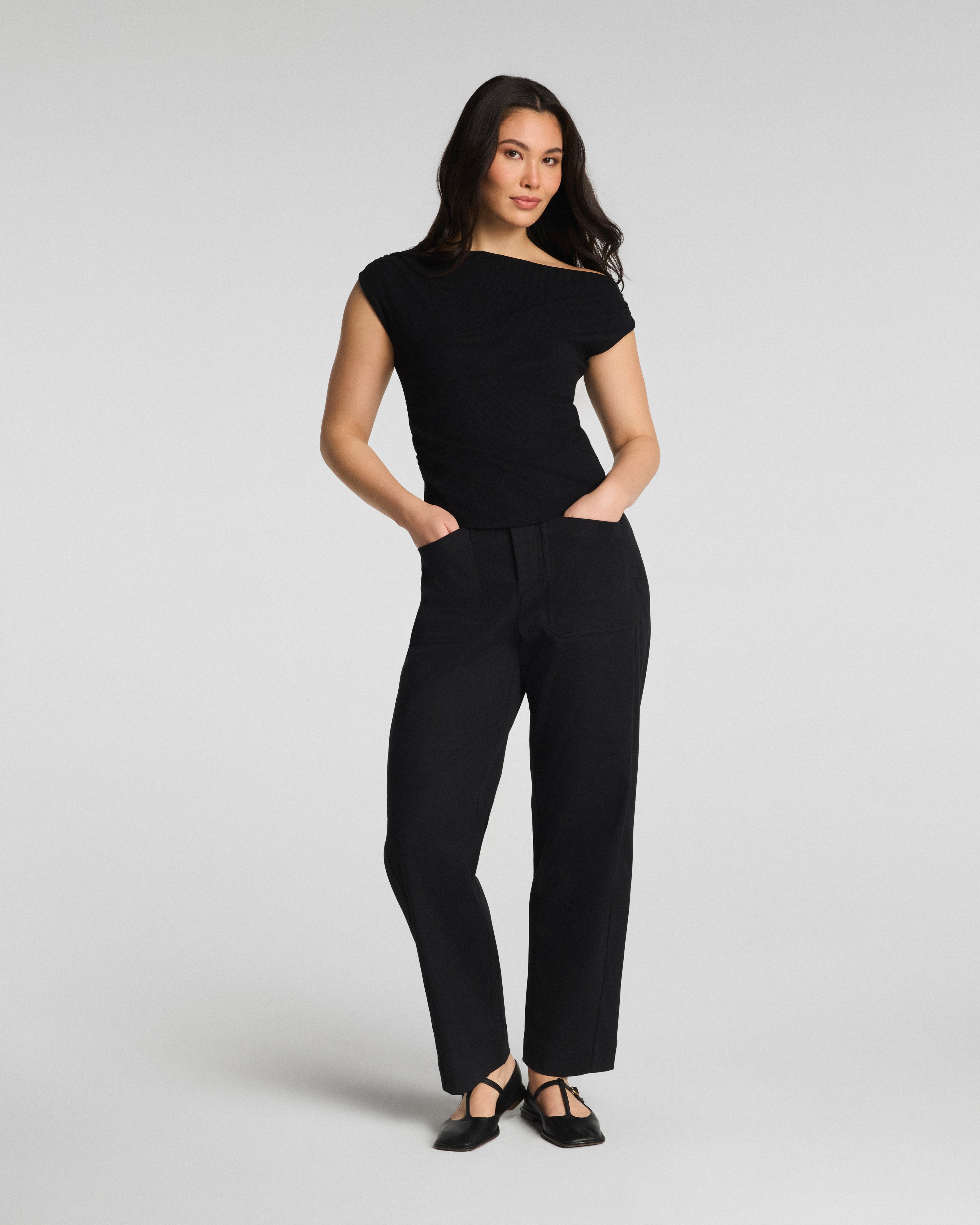 SPANX® Ribbed Knit Ruched Off-The-Shoulder Top | Classic Black