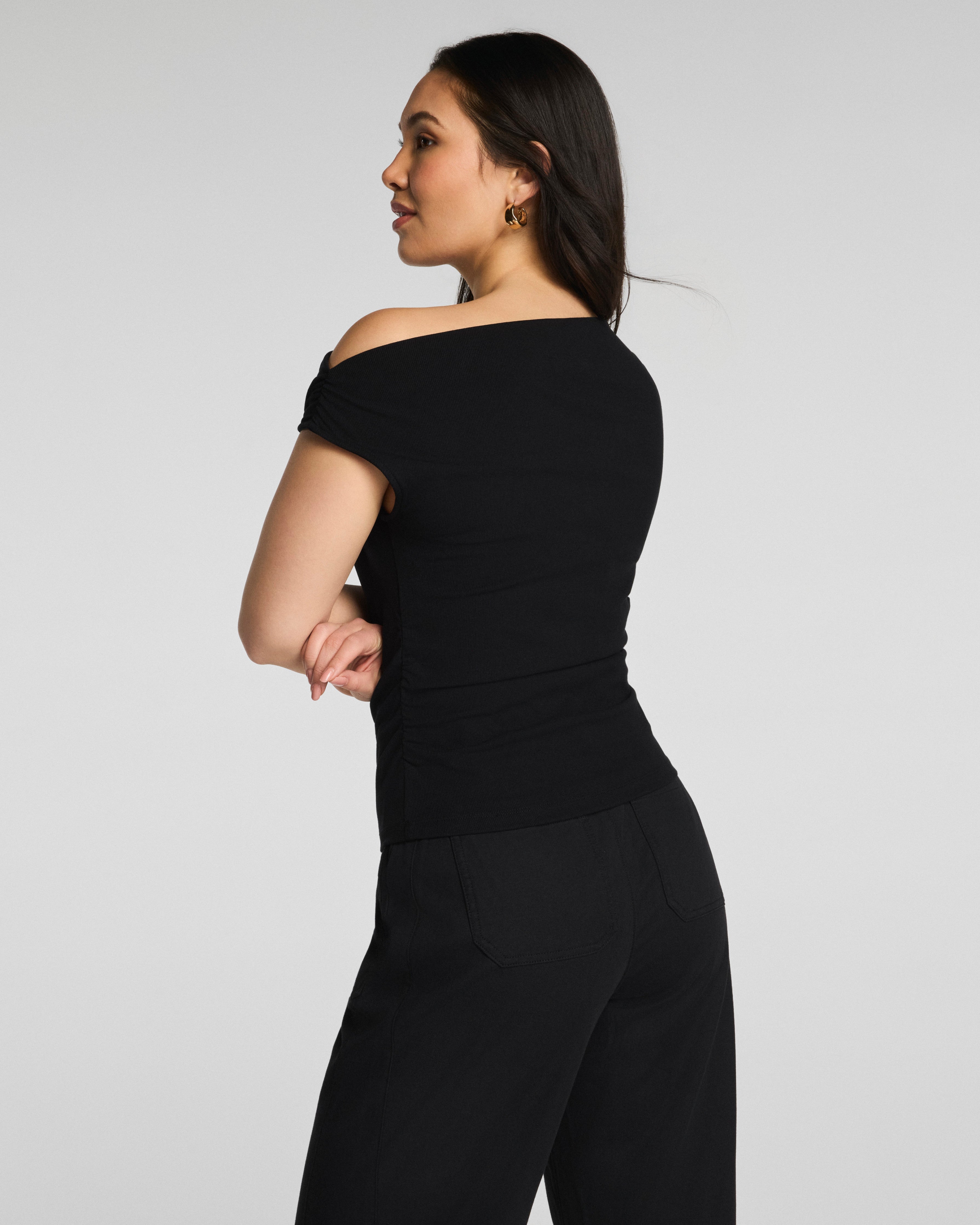 SPANX® Ribbed Knit Ruched Off-The-Shoulder Top | Classic Black