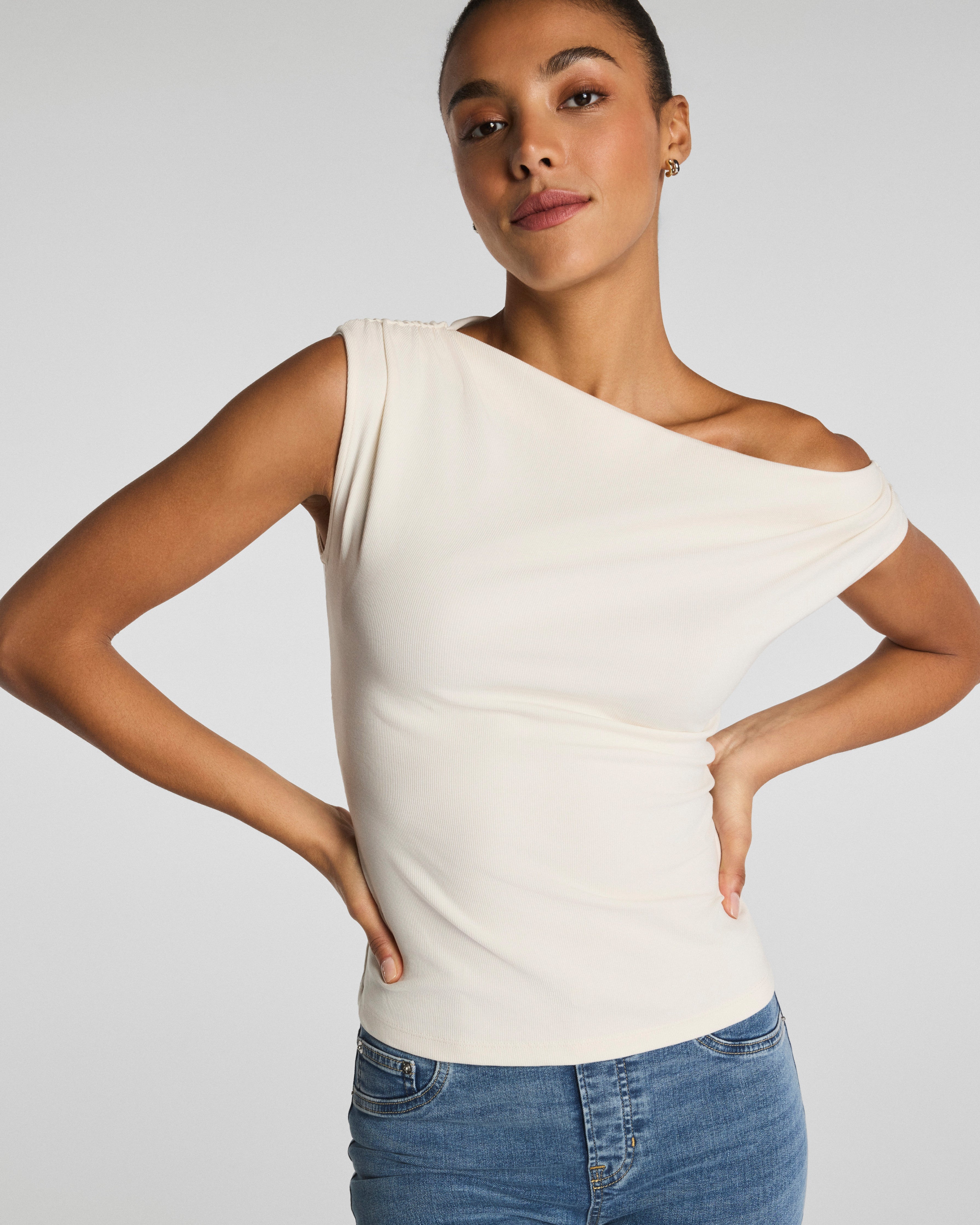 SPANX® Ribbed Knit Ruched Off-The-Shoulder Top | Ivory