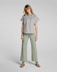 SPANX® Poplin Oversized Short Sleeve Button Down | Frosted Moss/Classic White Stripe