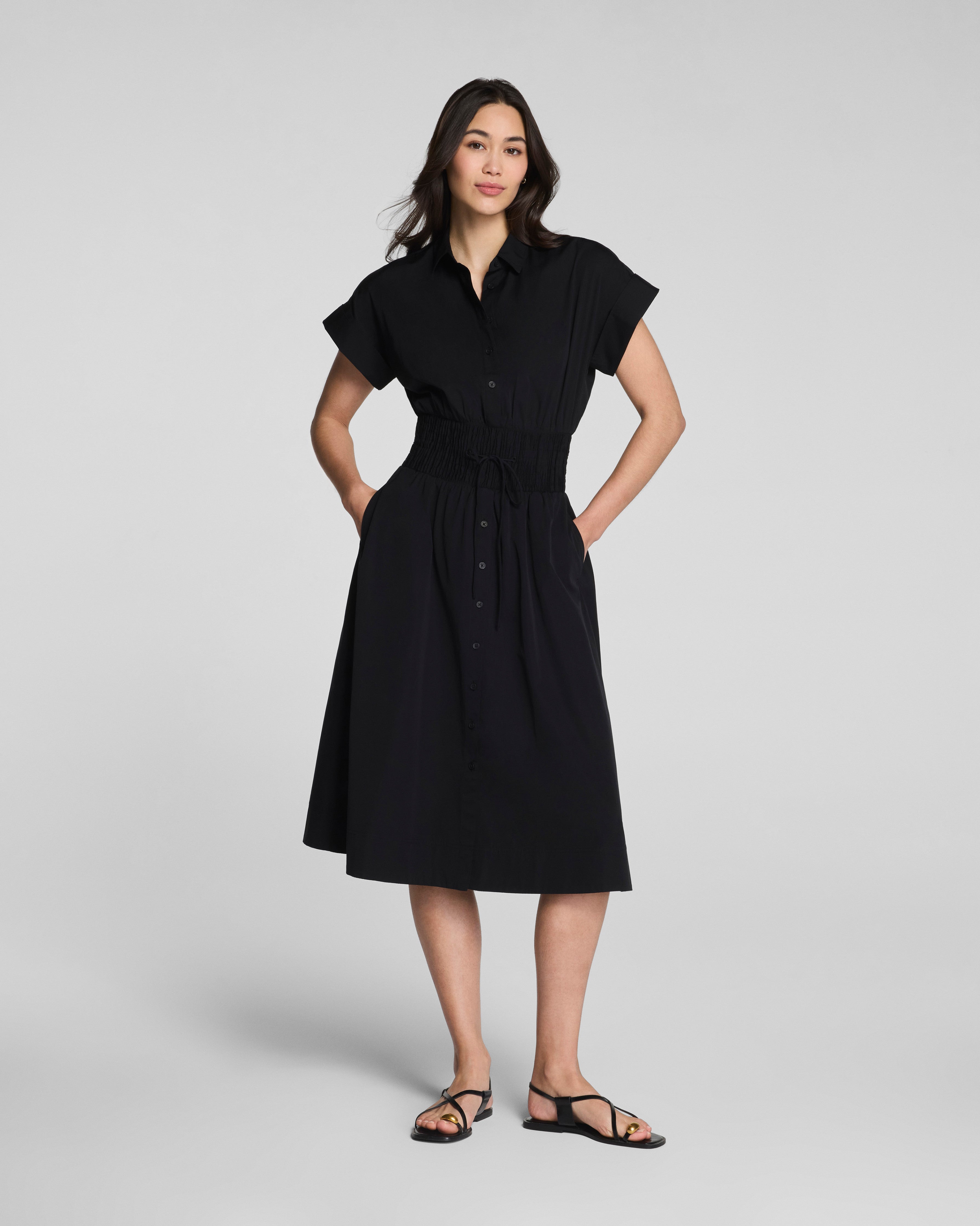 SPANX® Poplin V-Neck Smocked Midi Dress