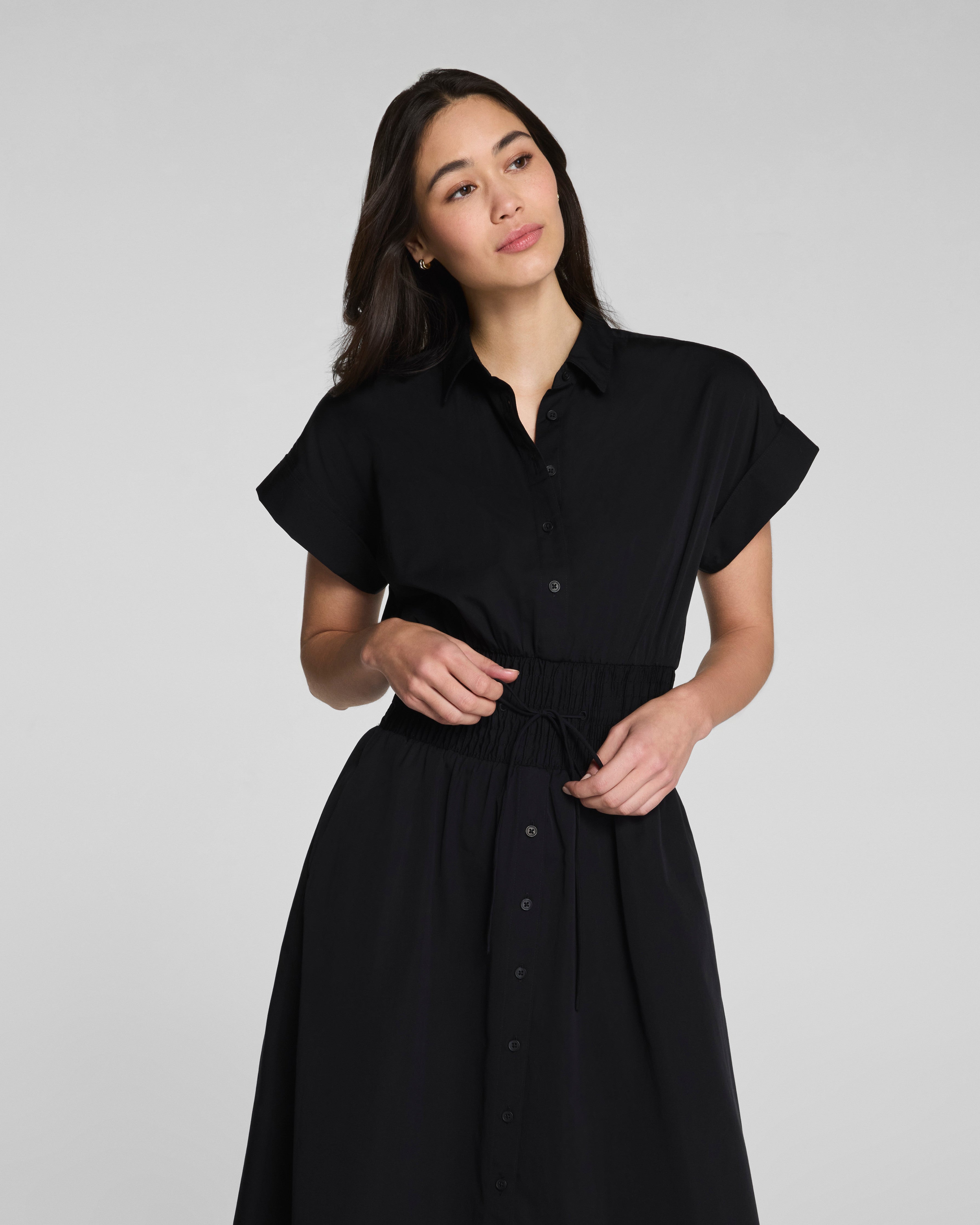 SPANX® Poplin Smocked Midi Shirt Dress | Classic Black