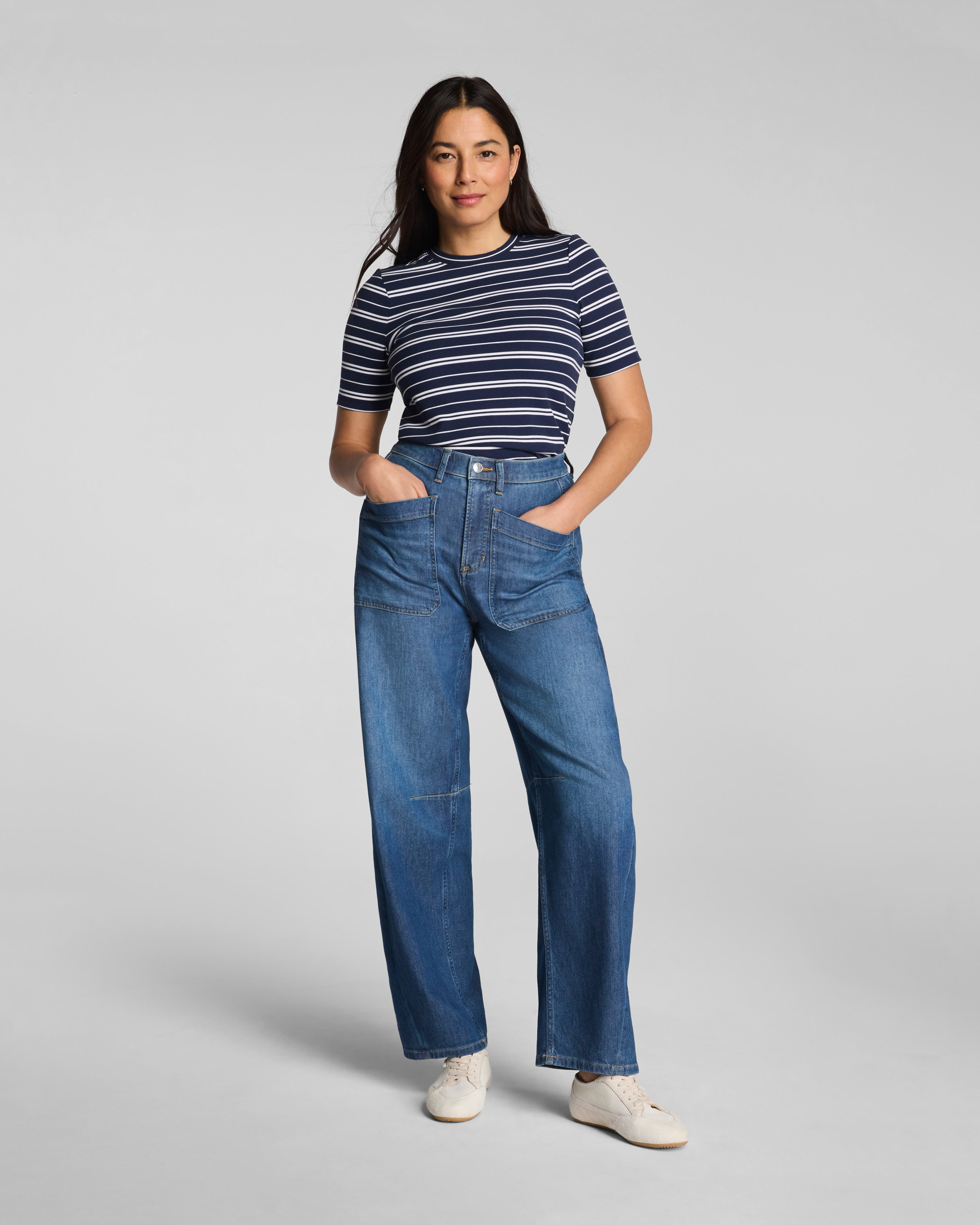 SPANX® Ribbed Knit Crewneck Tee | Timeless Navy/Classic White Stripe