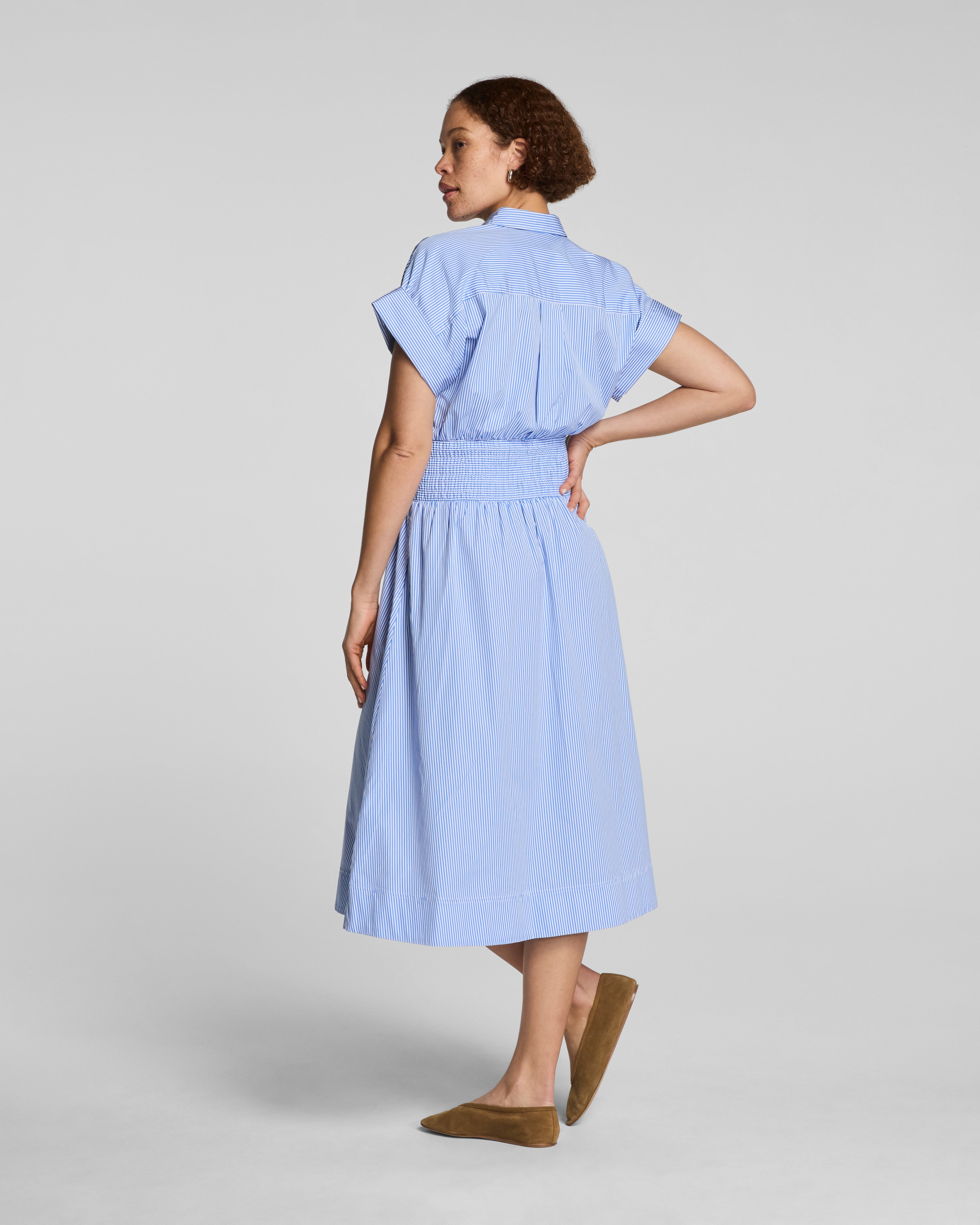 SPANX® Poplin Smocked Midi Shirt Dress | Aster/Classic White Stripe