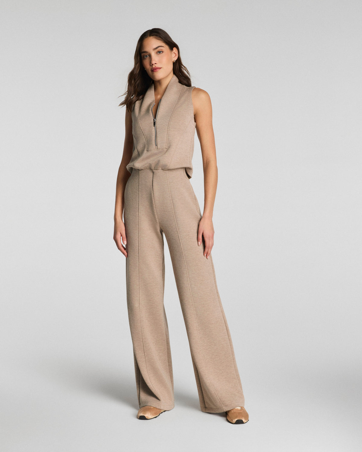 SPANX AirEssentials® Shawl Collar Half Zip Jumpsuit | Dune Heather