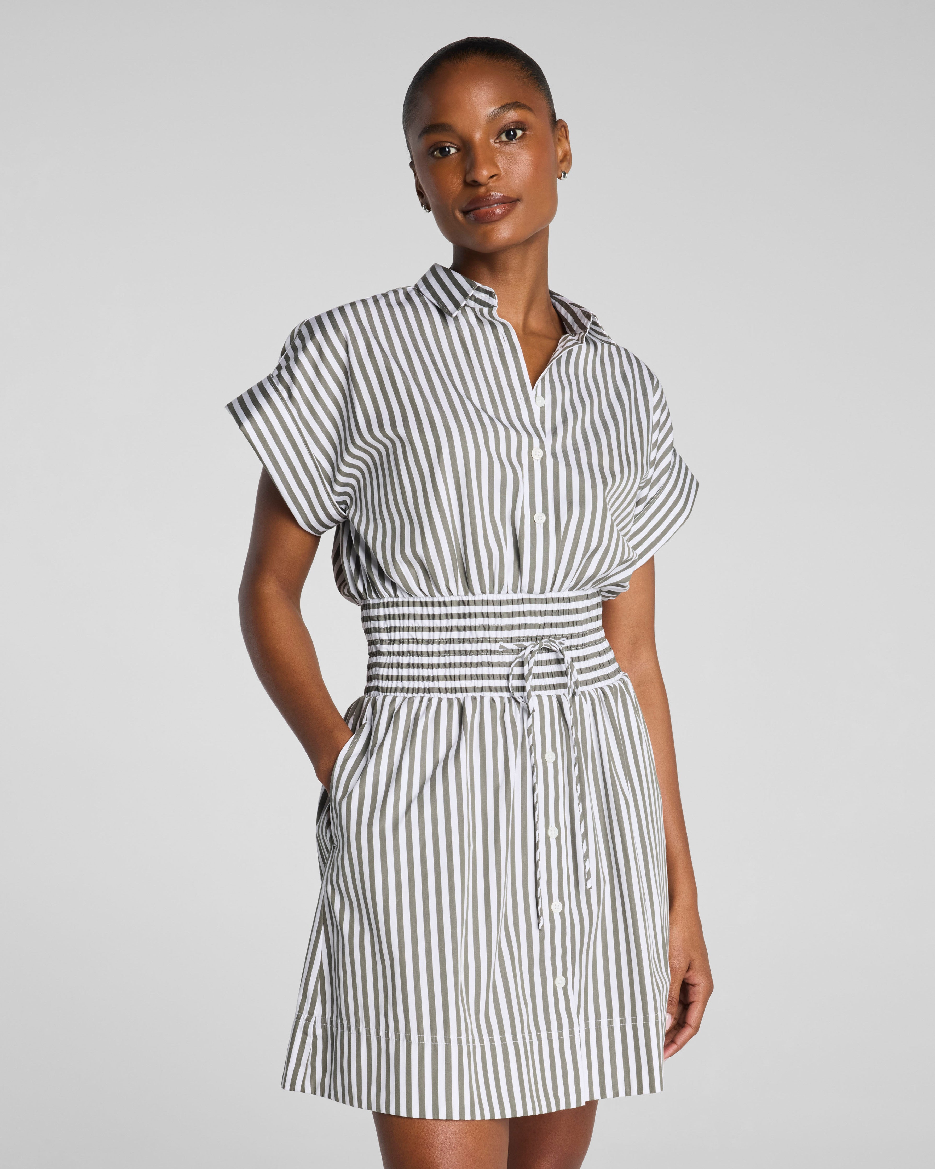 SPANX® Poplin Smocked Mini Shirt Dress | Frosted Moss/Classic White Stripe