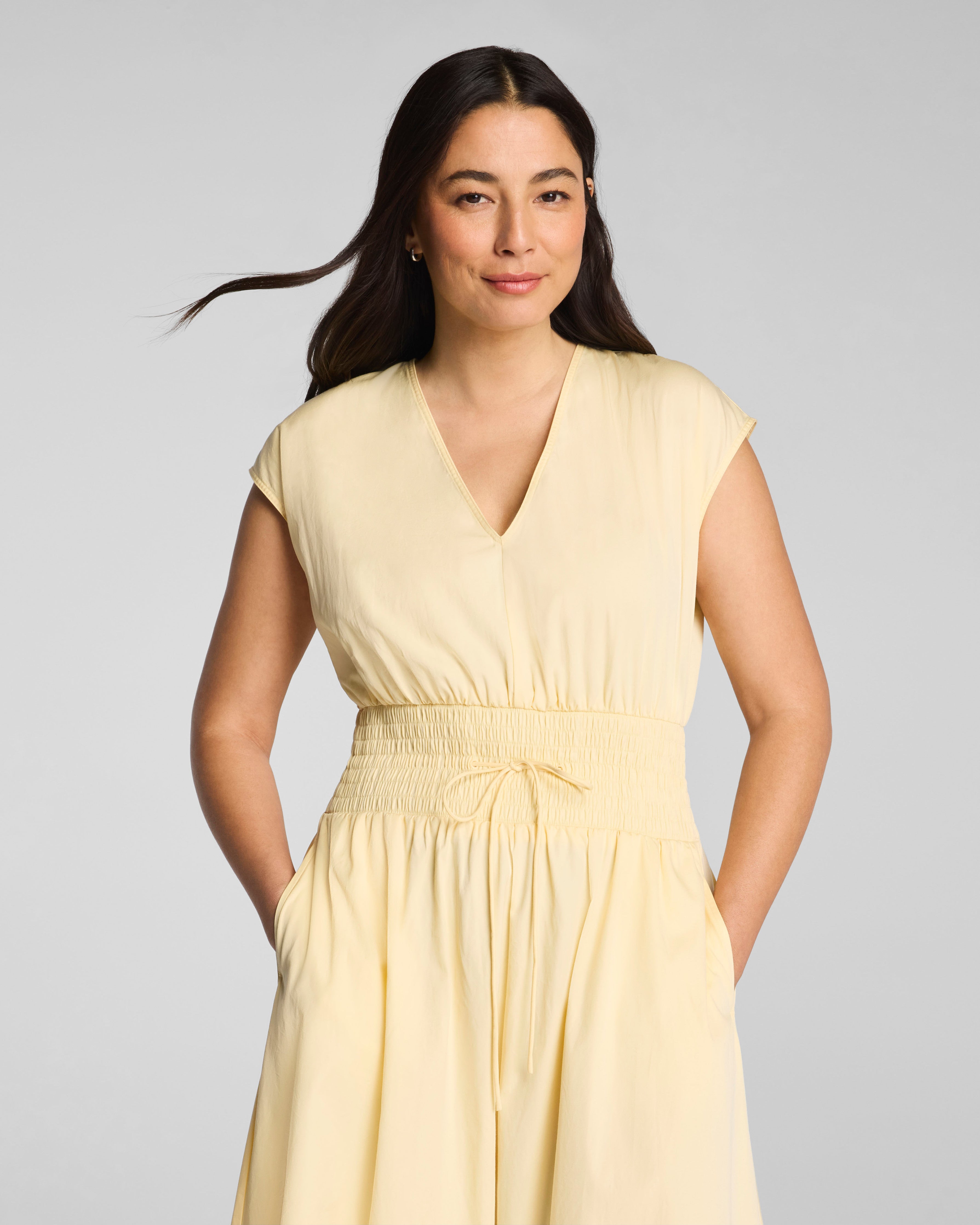SPANX® Poplin V-Neck Smocked Midi Dress | Sunbeam