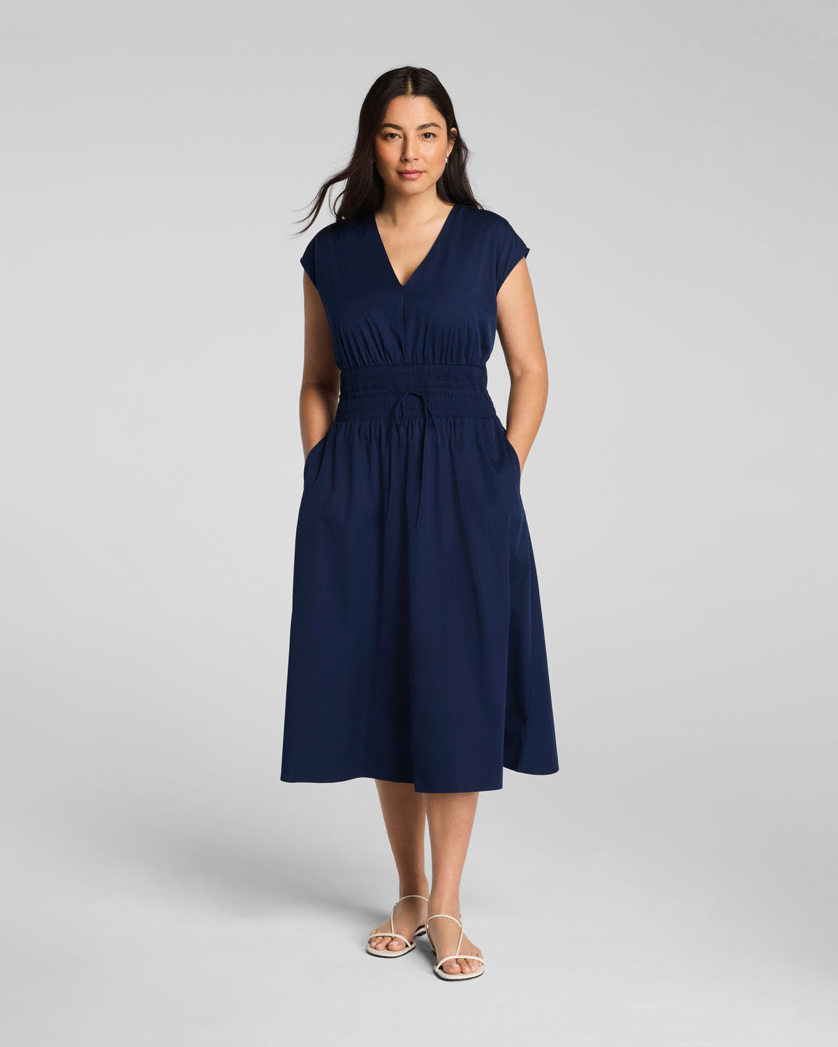 SPANX® Poplin V-Neck Smocked Midi Dress | Timeless Navy