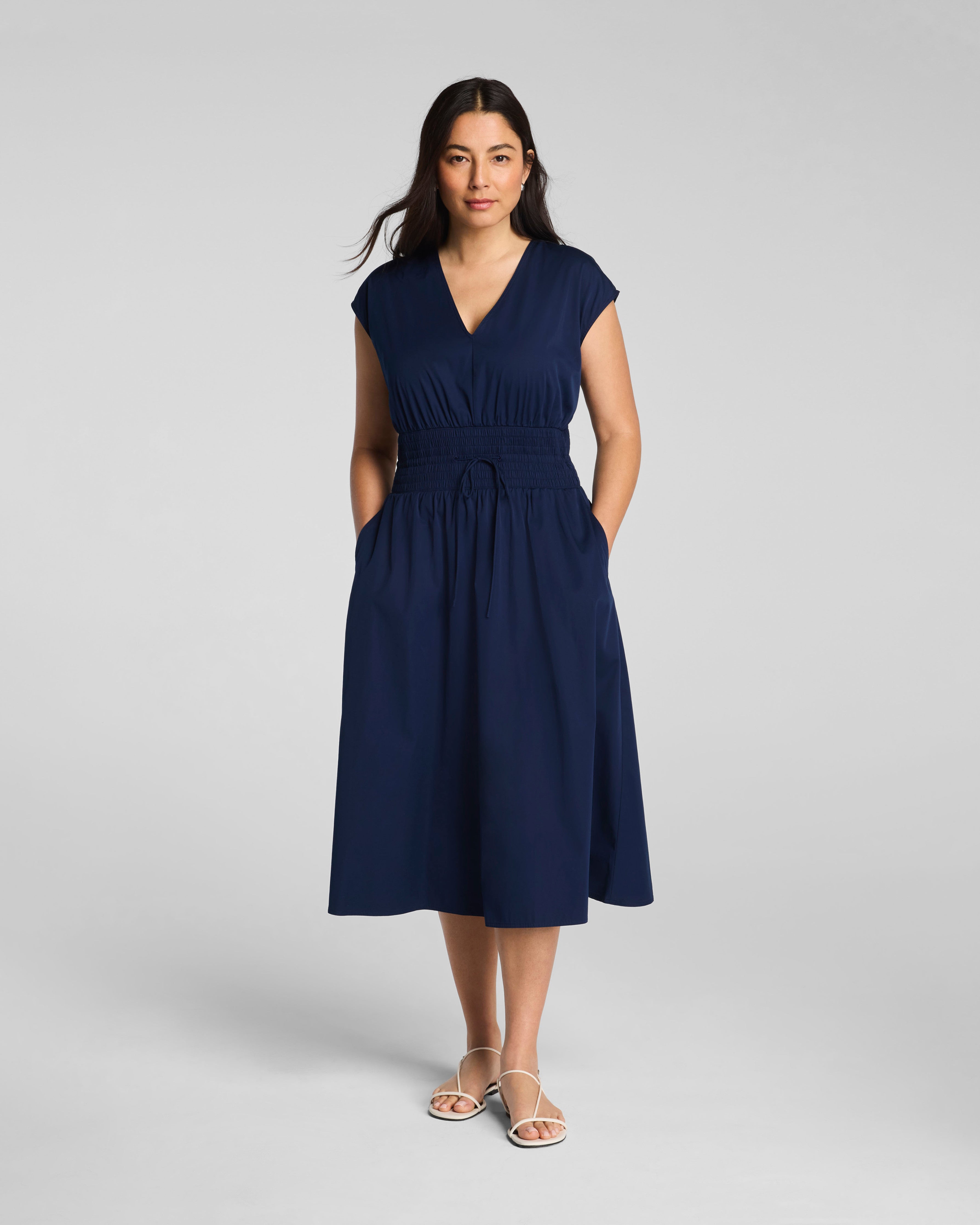 SPANX® Poplin V-Neck Smocked Midi Dress