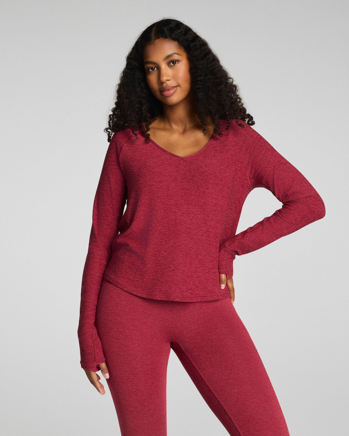 SPANX® SoftStretch V-Neck Long Sleeve Top  Red Merlot Heather