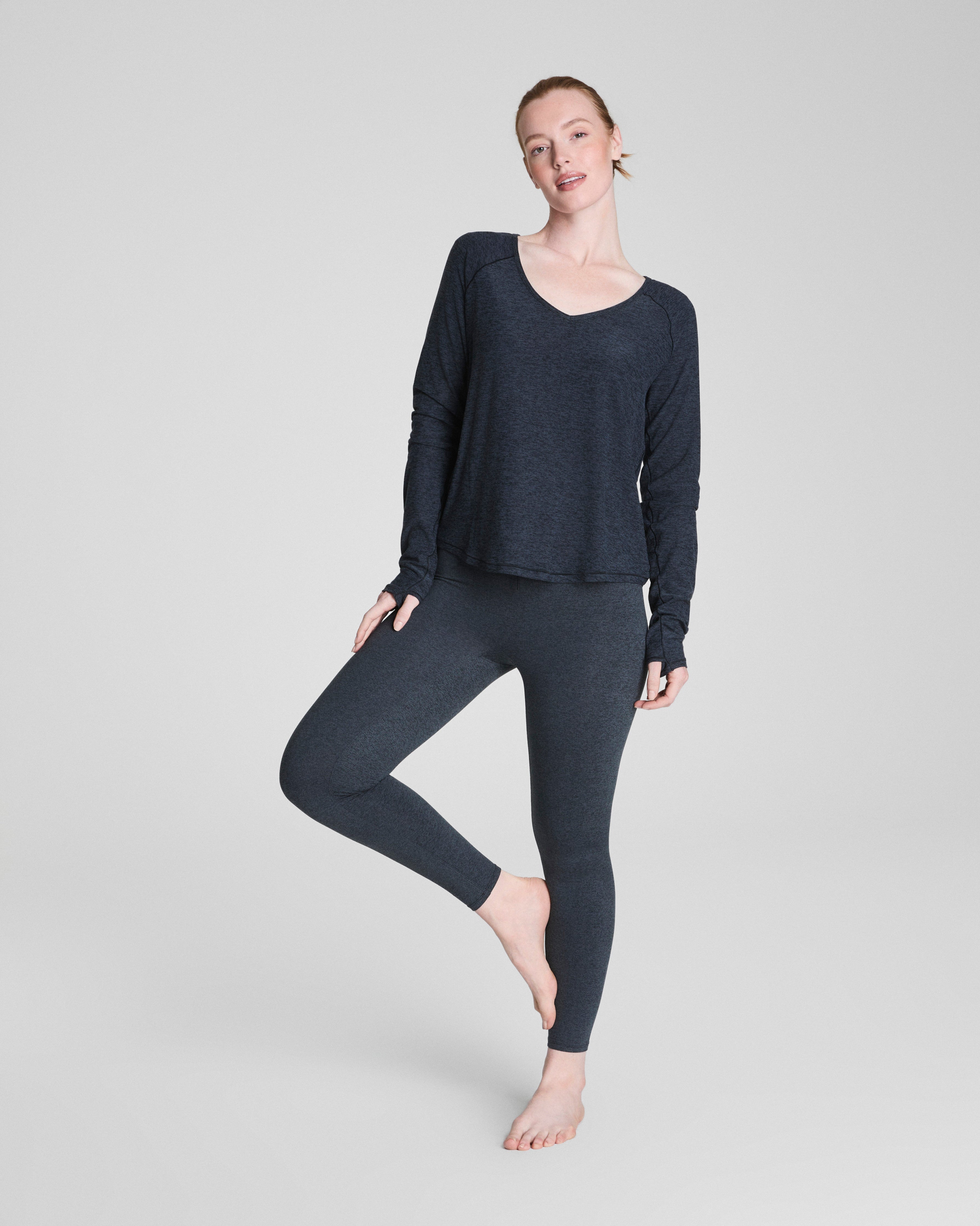 SPANX® SoftStretch V-Neck Long Sleeve Top | Very Black / Light Very Black