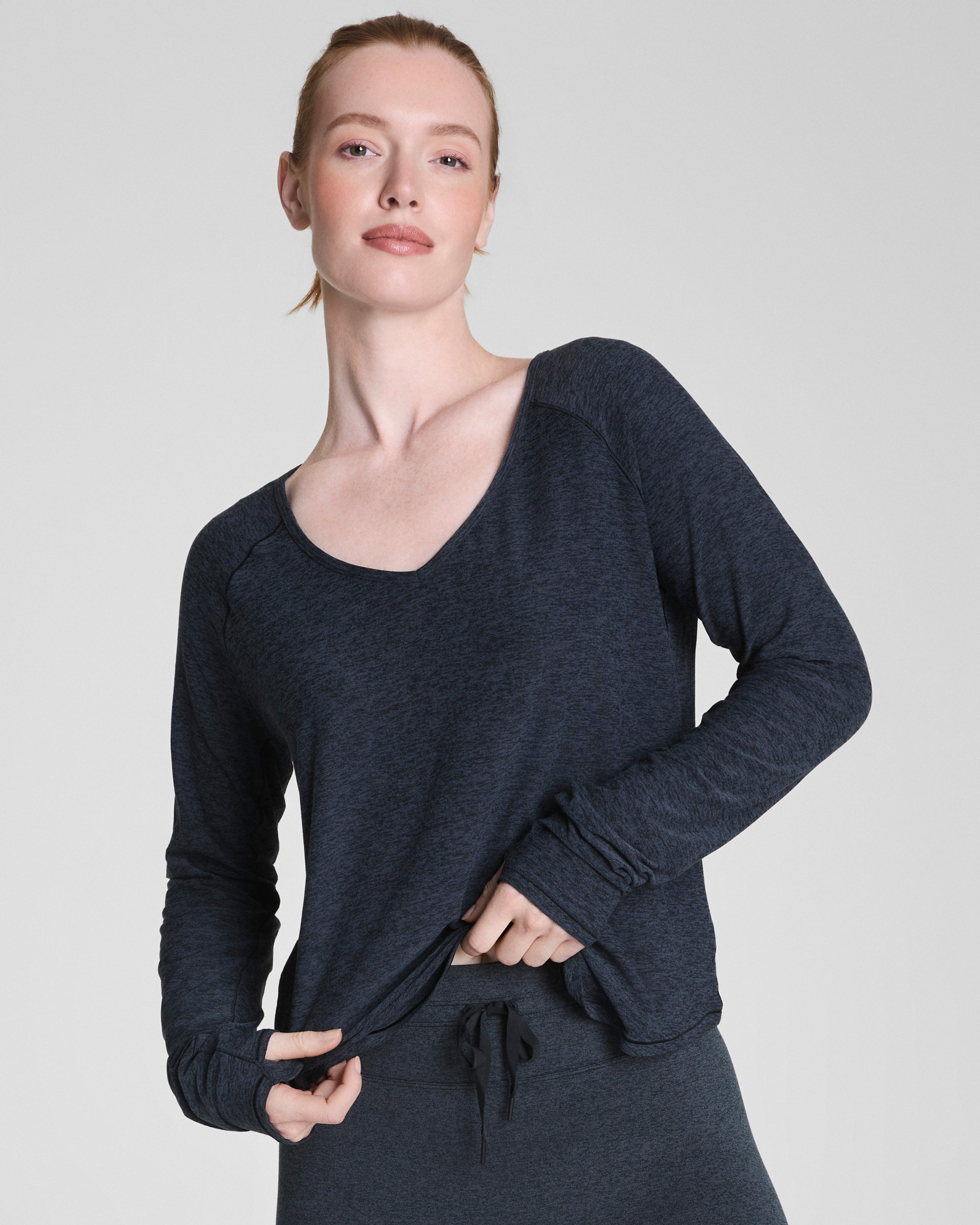 SPANX® SoftStretch V-Neck Long Sleeve Top | Very Black / Light Very Black